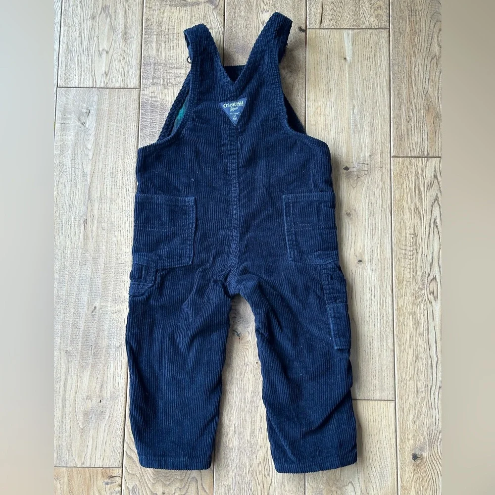 OshKosh B’gosh Navy Blue Corduroy Plaid Lined Overalls size 18 Months